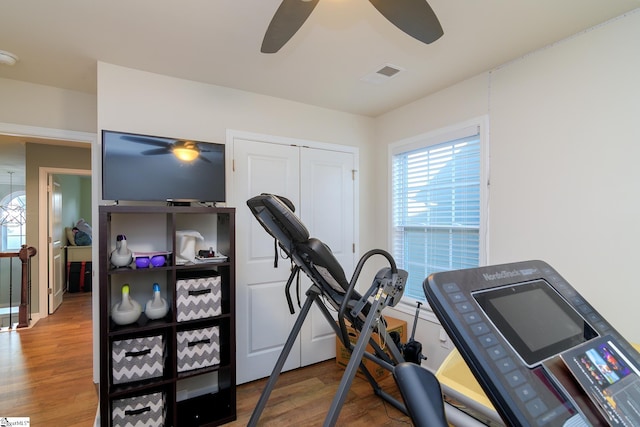 workout area featuring ceiling fan and wood-type flooring