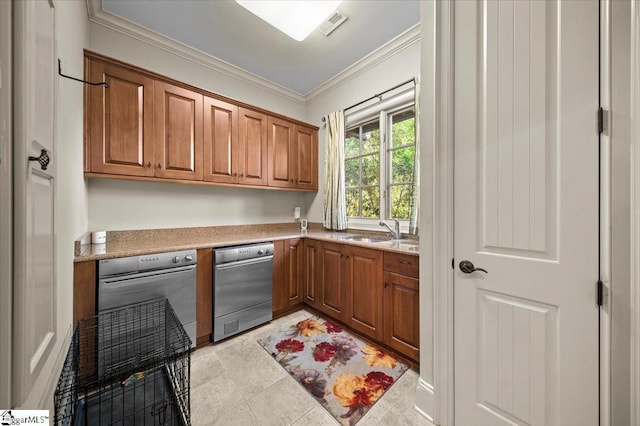 kitchen featuring wall oven, crown molding, sink, light tile patterned floors, and dishwasher