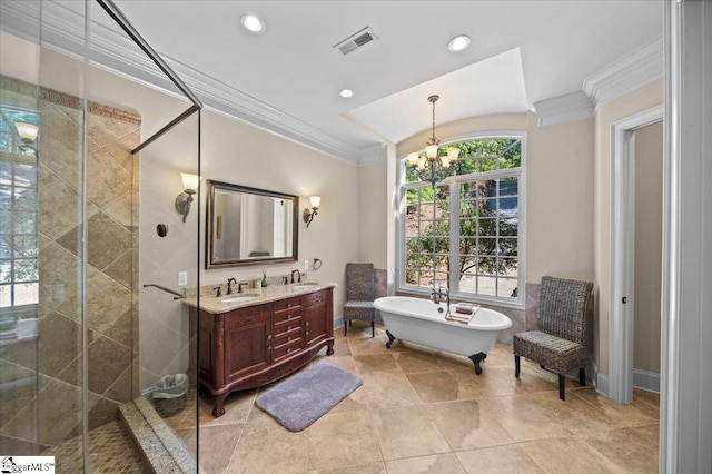 bathroom featuring a chandelier, vanity, independent shower and bath, and ornamental molding