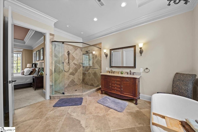 bathroom with crown molding, vanity, and an enclosed shower