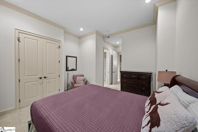 bedroom with a closet, light carpet, and crown molding