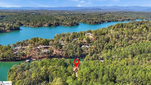 bird's eye view with a water and mountain view