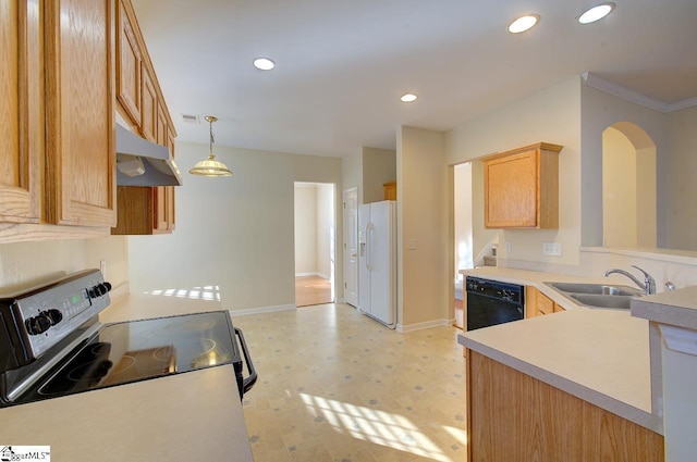 kitchen with dishwasher, sink, hanging light fixtures, white refrigerator with ice dispenser, and electric stove