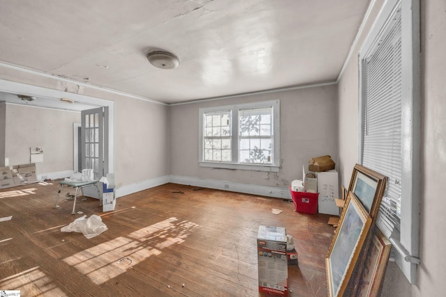 interior space featuring dark hardwood / wood-style floors and ornamental molding