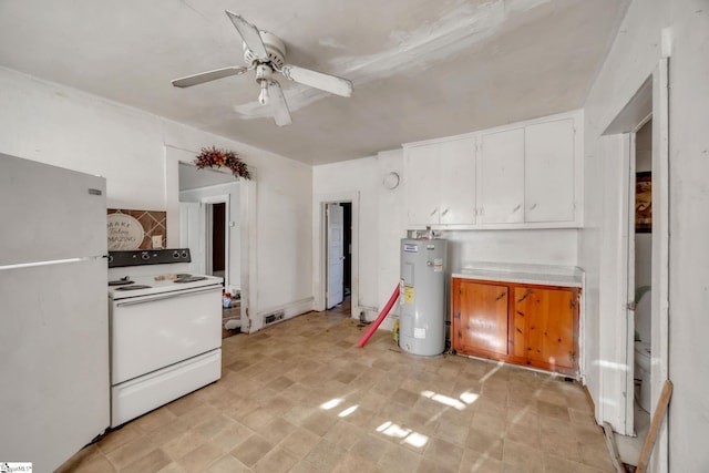 kitchen with white cabinets, ceiling fan, white appliances, and water heater