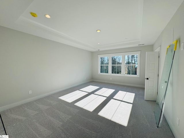 carpeted empty room with a raised ceiling