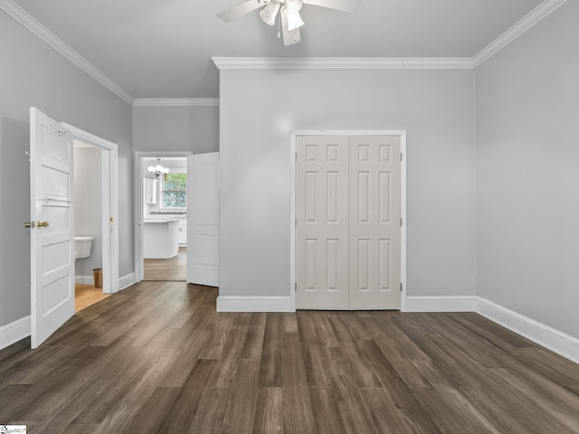 13 Damson St, Spartanburg, SC 29303 - unfurnished bedroom with dark wood-type flooring, ceiling fan, ornamental molding, connected bathroom, and a closet