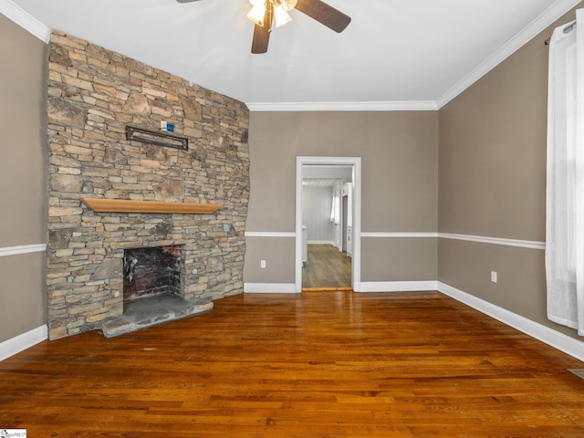 13 Damson St, Spartanburg, SC 29303 - unfurnished living room featuring crown molding, a fireplace, ceiling fan, and wood-type flooring