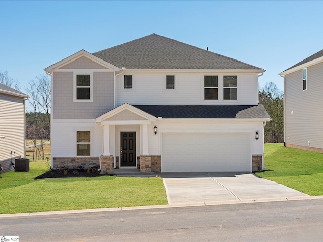 craftsman house featuring driveway, central AC unit, a front lawn, and roof with shingles