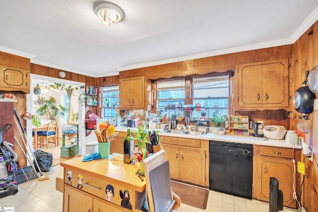 kitchen featuring crown molding, sink, wooden walls, and black dishwasher