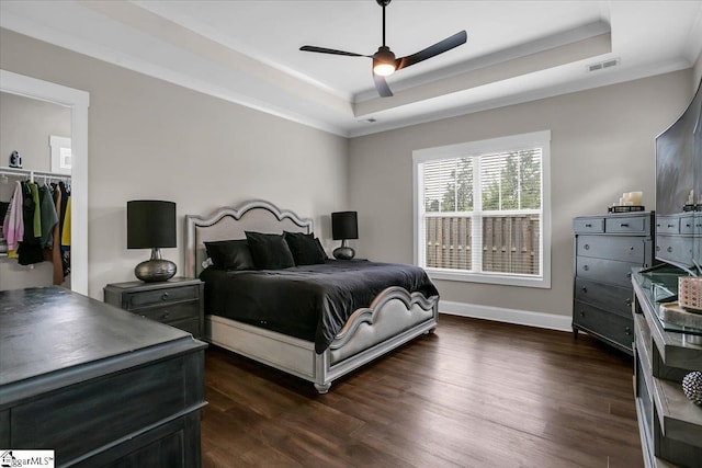 bedroom featuring a spacious closet, ceiling fan, dark wood-type flooring, a raised ceiling, and a closet