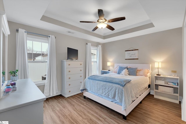 bedroom featuring ceiling fan, multiple windows, and a tray ceiling