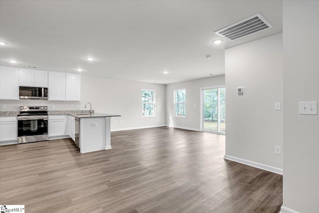 kitchen with white cabinetry, sink, kitchen peninsula, and appliances with stainless steel finishes