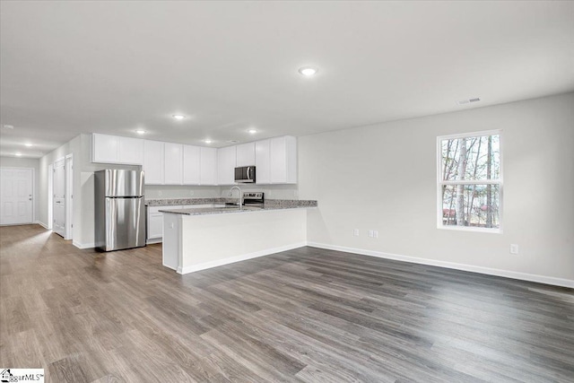 kitchen with hardwood / wood-style floors, sink, white cabinets, kitchen peninsula, and stainless steel appliances