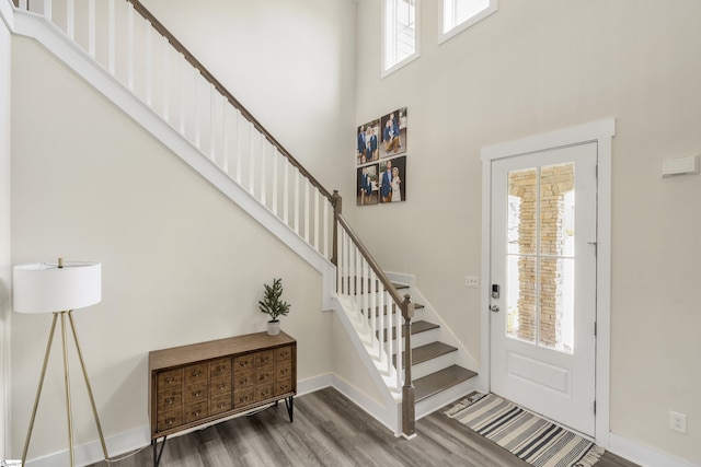 foyer with plenty of natural light, wood-type flooring, and a towering ceiling