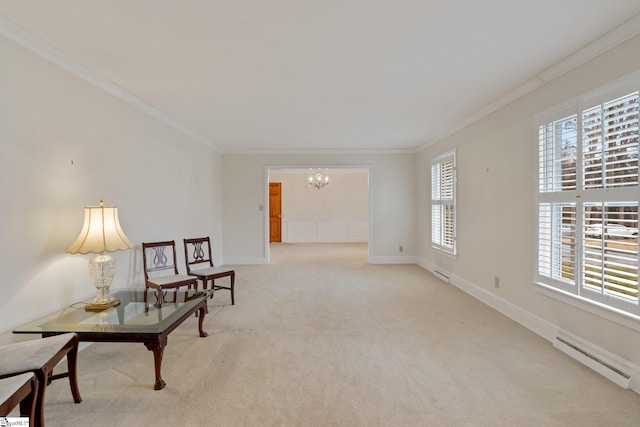 living area featuring a chandelier, crown molding, light carpet, and a baseboard heating unit