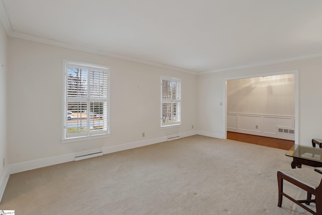 interior space featuring light colored carpet and crown molding