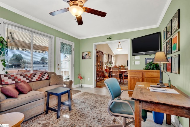 office with ceiling fan, crown molding, and light tile patterned flooring