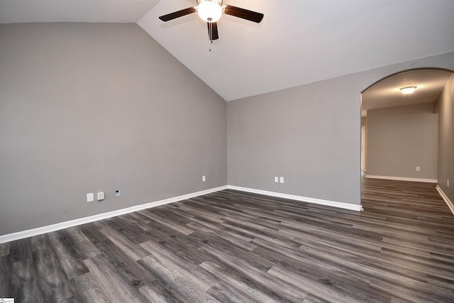 unfurnished room featuring dark hardwood / wood-style floors, ceiling fan, and lofted ceiling