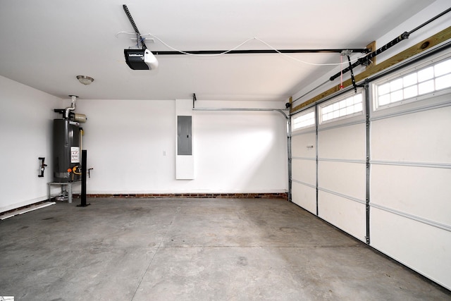 garage featuring electric panel, gas water heater, and a garage door opener