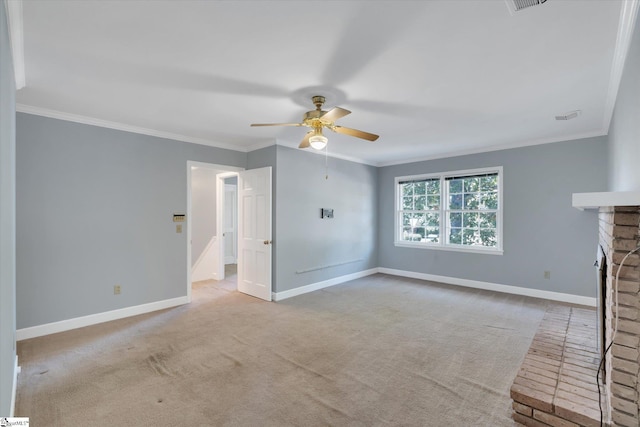 unfurnished living room featuring light carpet, a fireplace, ceiling fan, and ornamental molding