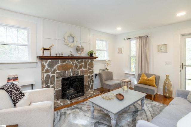 living room with a stone fireplace and wood-type flooring