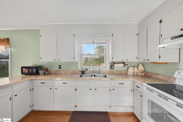 kitchen featuring white cabinetry, electric range, sink, extractor fan, and ornamental molding