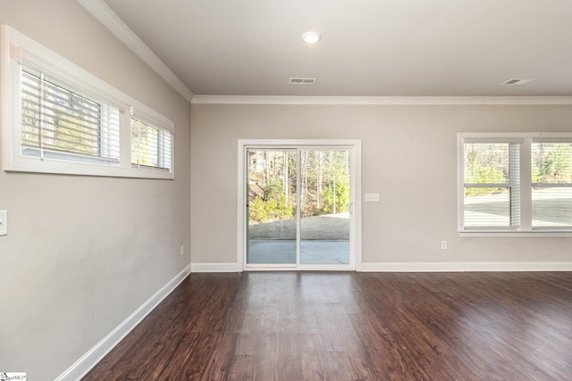 spare room featuring dark hardwood / wood-style flooring, ornamental molding, and a wealth of natural light