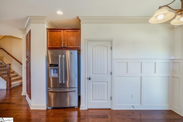 kitchen featuring stainless steel fridge, crown molding, and dark hardwood / wood-style floors