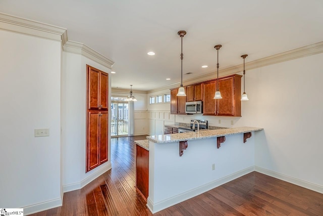 kitchen featuring dark hardwood / wood-style floors, crown molding, hanging light fixtures, and appliances with stainless steel finishes