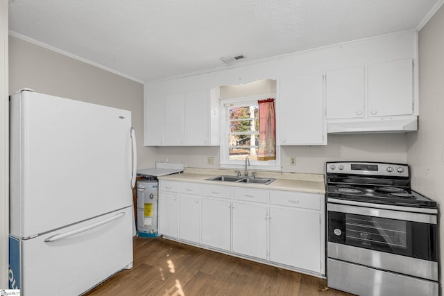 kitchen featuring stainless steel range with electric stovetop, white cabinets, white refrigerator, sink, and dark hardwood / wood-style floors