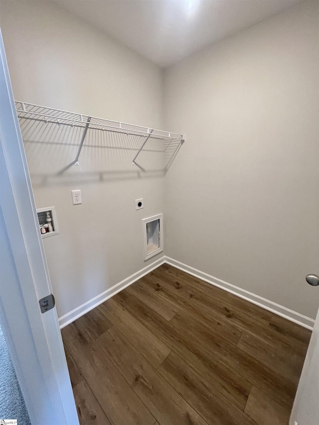 washroom with electric dryer hookup, dark wood-type flooring, and washer hookup