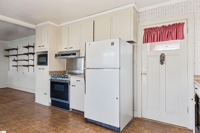 kitchen with dark parquet flooring, crown molding, white fridge, range, and black microwave