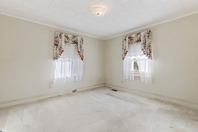 carpeted spare room with crown molding and a wealth of natural light