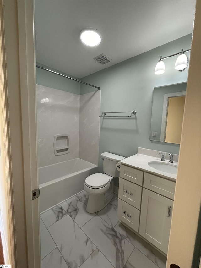 full bathroom with shower / tub combination, vanity, and toilet