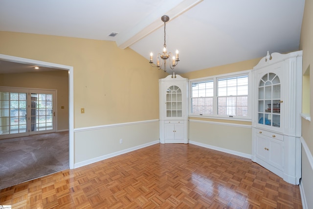 unfurnished dining area featuring a chandelier, a healthy amount of sunlight, lofted ceiling with beams, and parquet flooring