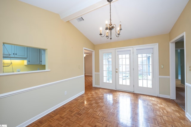 doorway with lofted ceiling with beams, light parquet flooring, and a chandelier