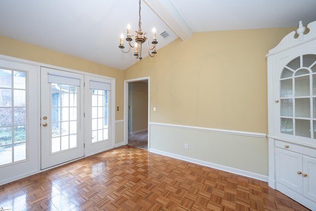 entryway featuring parquet floors, lofted ceiling with beams, and an inviting chandelier