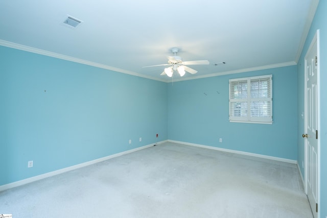 unfurnished room with light carpet, ceiling fan, and ornamental molding