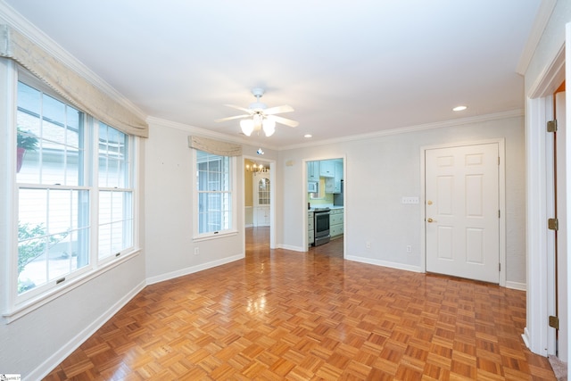 empty room featuring light parquet floors, ceiling fan, and ornamental molding