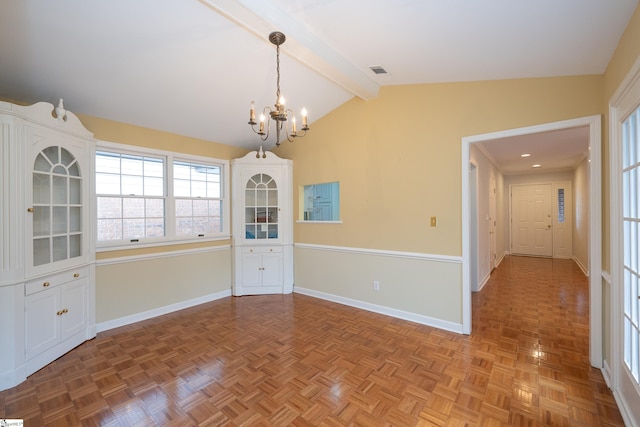 unfurnished dining area featuring vaulted ceiling with beams, parquet flooring, and a chandelier