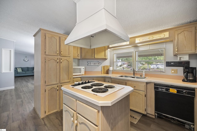 kitchen with custom exhaust hood, white appliances, lofted ceiling, sink, and a kitchen island