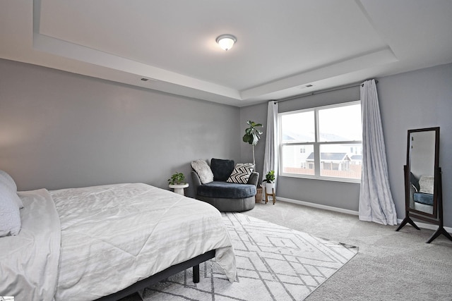 carpeted bedroom with a tray ceiling