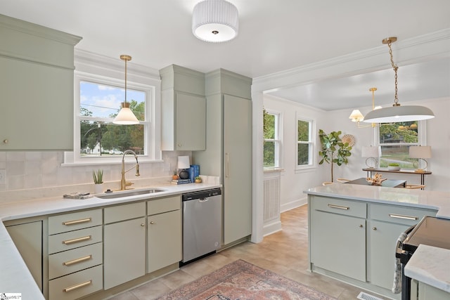 kitchen with sink, hanging light fixtures, stainless steel dishwasher, backsplash, and plenty of natural light