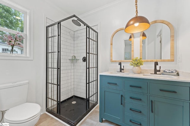 bathroom with tile patterned flooring, toilet, an enclosed shower, and ornamental molding