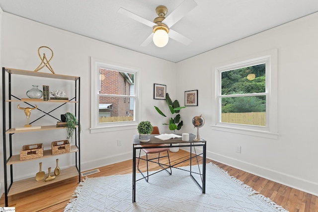 office area with ceiling fan and light hardwood / wood-style floors