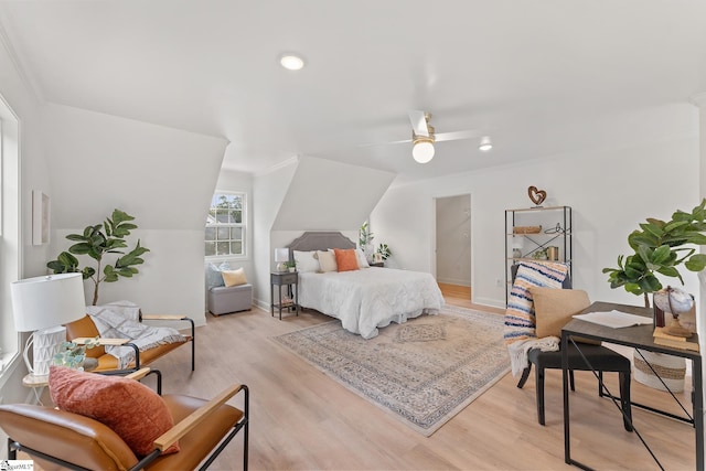 bedroom featuring ceiling fan and light wood-type flooring