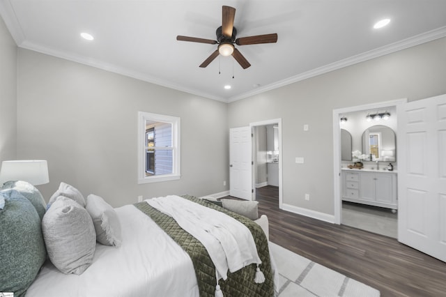 bedroom featuring ensuite bathroom, sink, crown molding, ceiling fan, and dark hardwood / wood-style floors