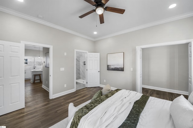 bedroom featuring ceiling fan, dark hardwood / wood-style flooring, ensuite bathroom, and ornamental molding