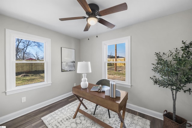 office with dark hardwood / wood-style flooring and ceiling fan